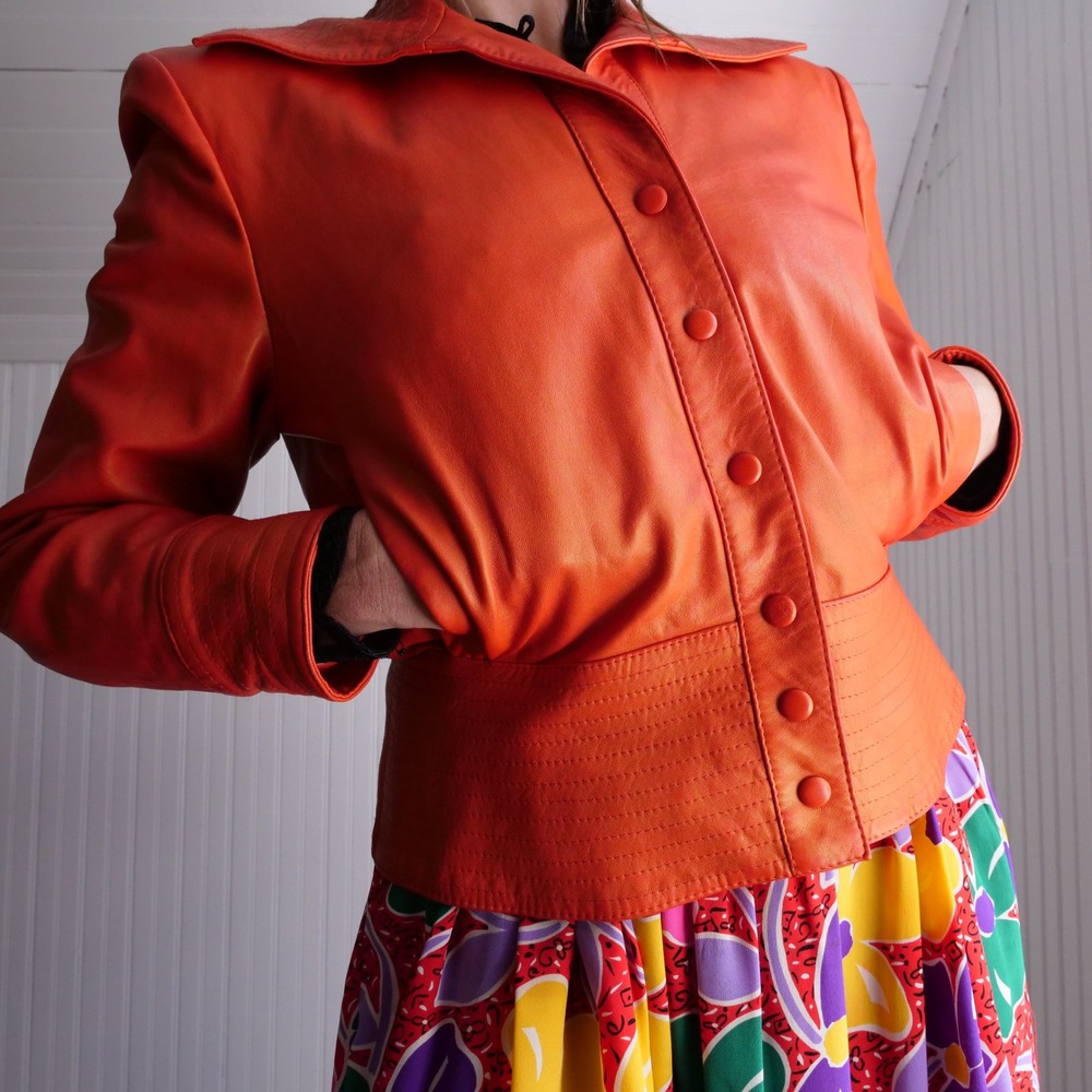 Vintage 80s Lillie Rubin deep orange leather snap up cropped jacket